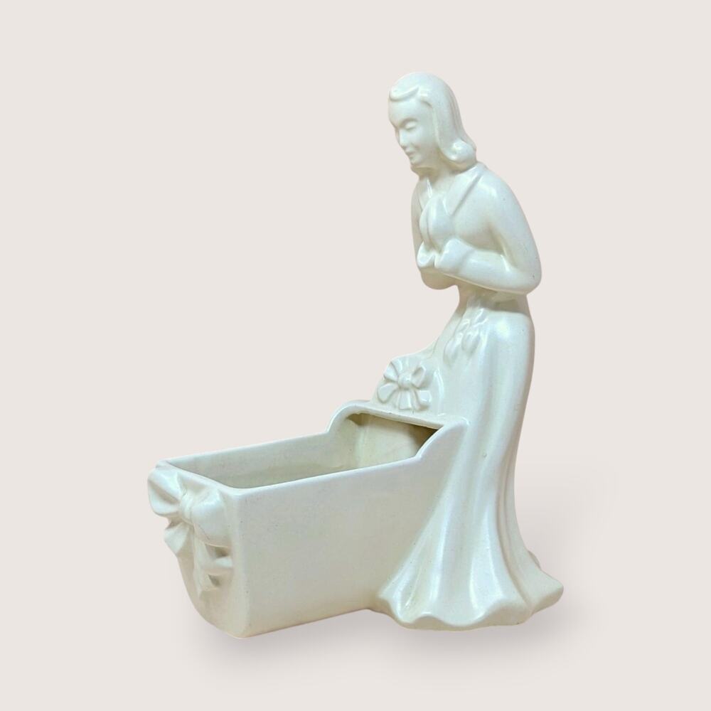 Vintage Royal Haeger Woman and Cradle Planter White Gloss Nursery Art 11"